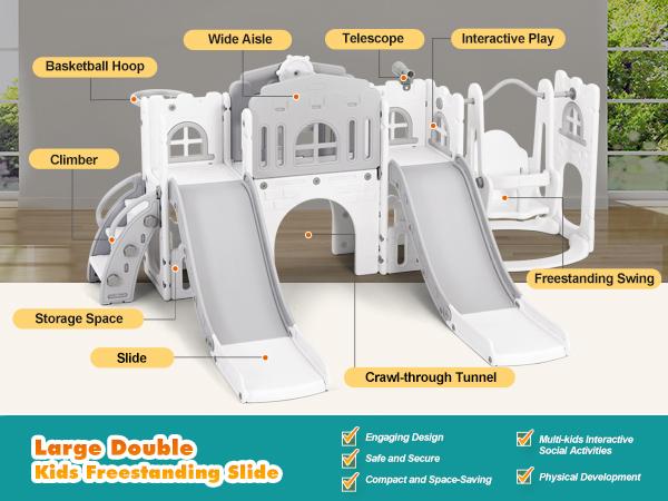 10 in 1 Toddler Slide Double Kid Climber Playset w Swing Basketball Hoop Telescope Tunnel Storage Space Non Slip Steps Indoor Outdoor Backyard Playground Toy for Toddlers