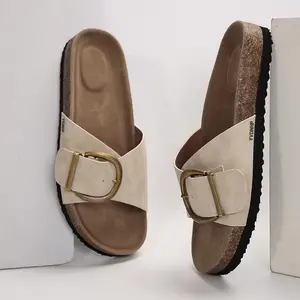 Women's Buckle Slide Sandals Comfortable Cork Footbed Flat Slippers Indoor Outdoor Shoes