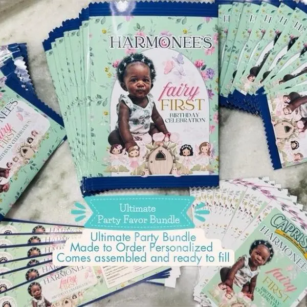 Fairy First Custom Birthday Party Favor Chip Bag Wrappers | Personalized Snack Labels Made to Order