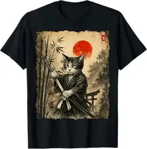 Samurai Cat T-shirt, Ninja Cat Graphic Tee, Warrior Cat in Traditional Japanese Style, Samurai Cat Shirt, Cool Cat Warrior Shirt, Cat Lover Gift, Cat in Kimono Shirt