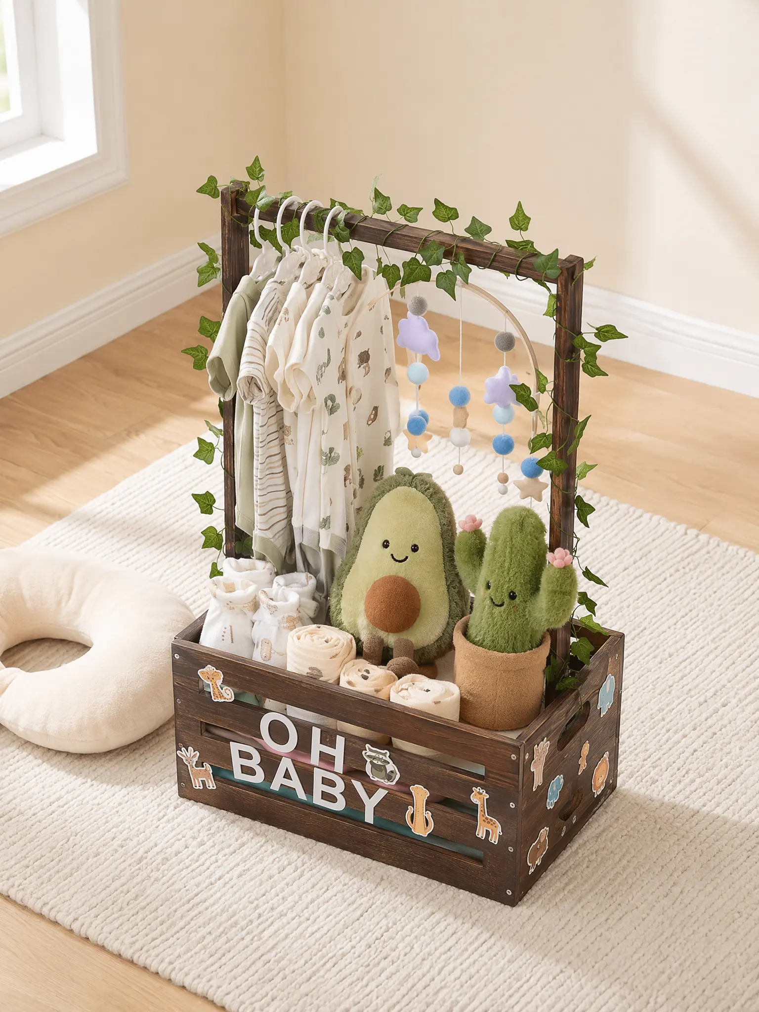 Personalized Baby Shower Gift Basket, Baby’s First Mini Closet with Name Letters, Wooden Keepsake Organizer for Newborn Clothes, Nursery Decor & New Mom Gift