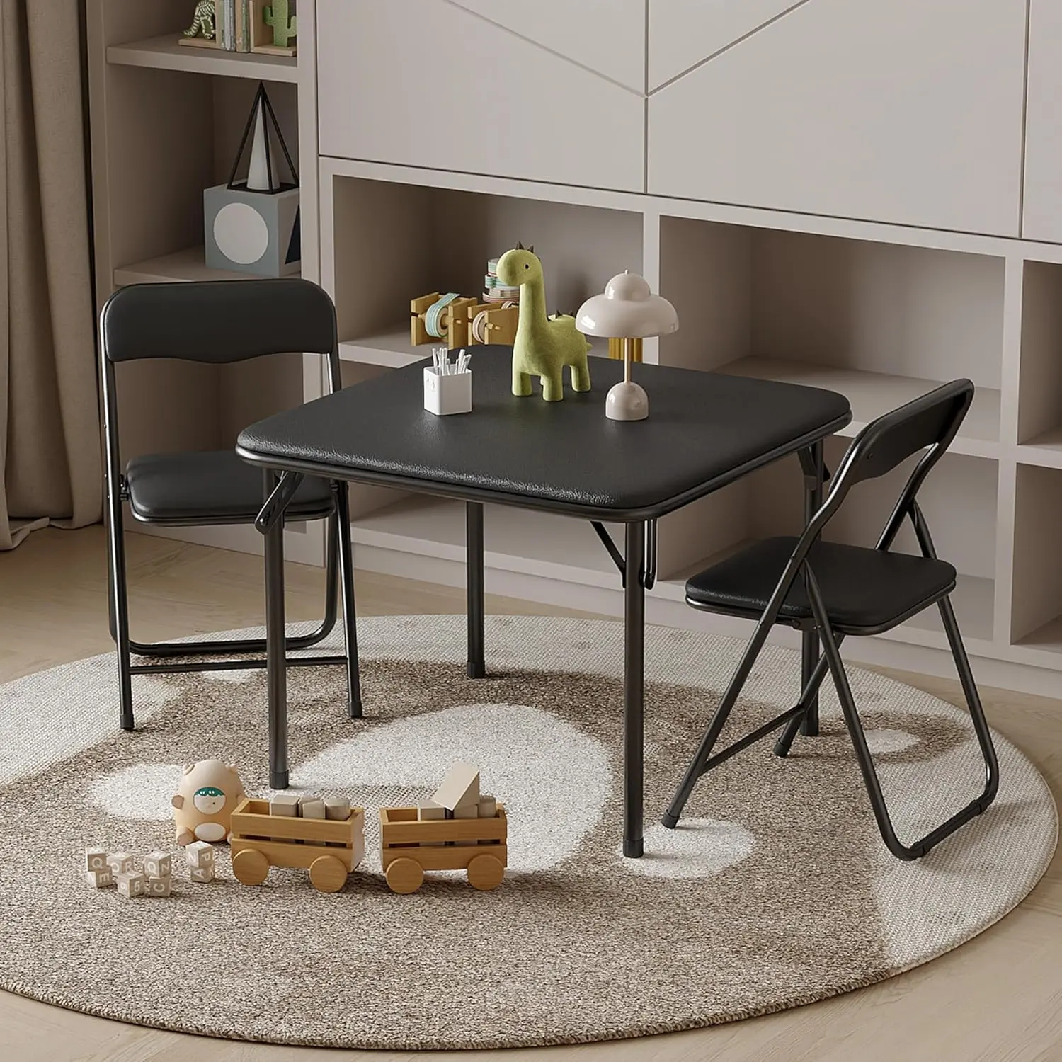 2-Seat 3-Piece Compact Folding Square Table and Chairs Indoor Furniture Set - Living Room Furniture, Kitchens Use, Ergonomic Modern Design, Soft PU Cushions, Portable, No Assembly Required, Easy Wipe Clean, Ideal for Eating, Playing