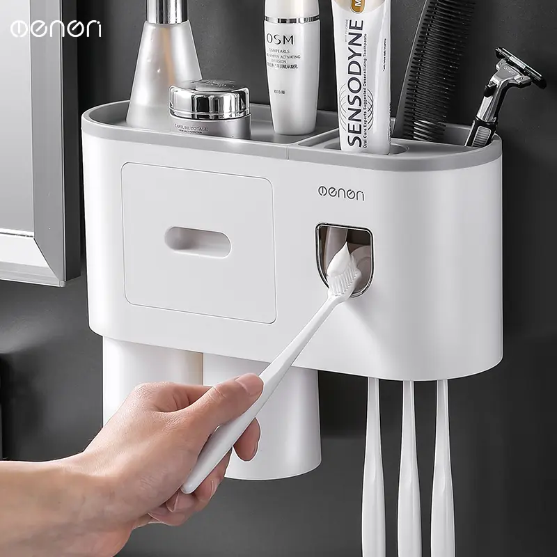 Plastic Magnetic Toothbrush Holder Set - No-Drill Wall-Mount Waterproof Bathroom Accessory Organiser with Drawers, Detachable Washable Storage Dispenser for Toothbrush Holders for Bathrooms, Bathroom Accessories