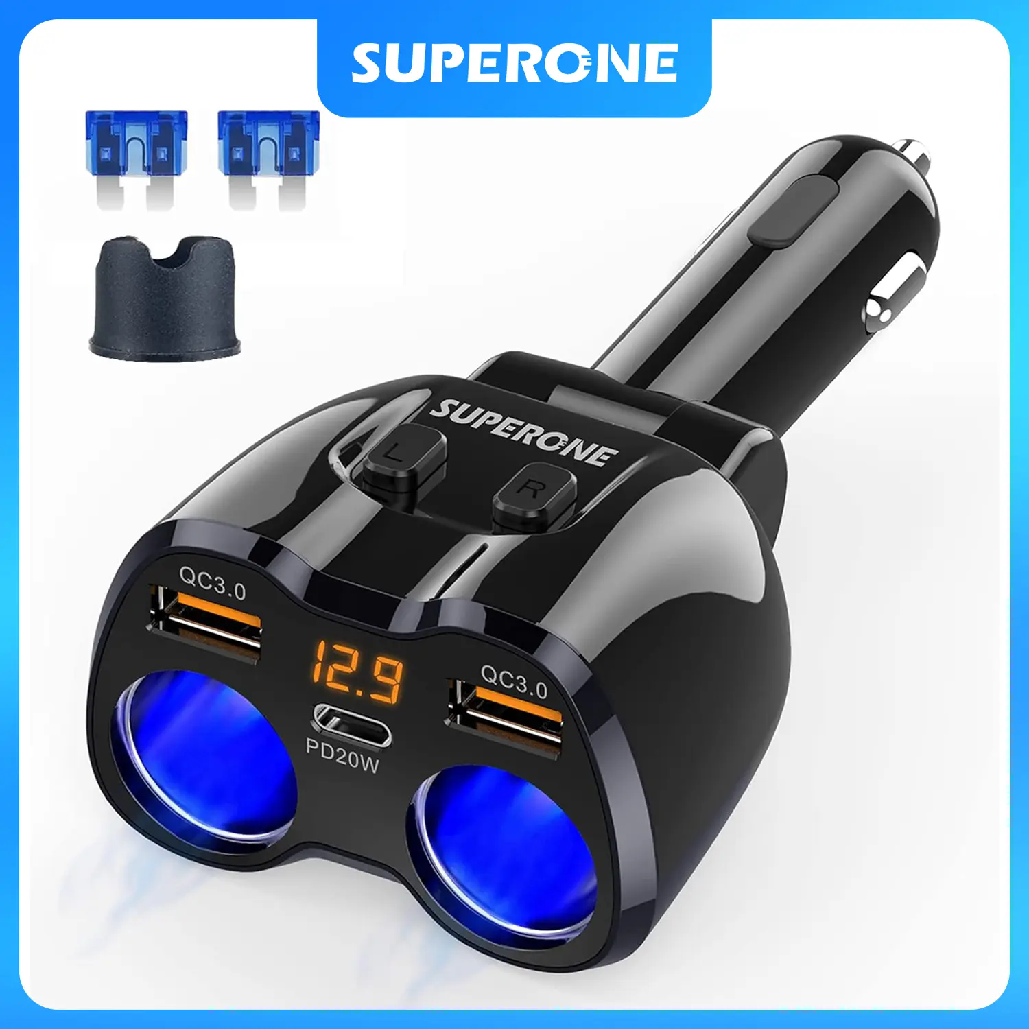 SUPERONE 180W 2-Socket Car Power Adapter, Dual QC3.0 & 20W PD USB Charger Splitter for GPS, Dash Cam, Mobile Devices summerwins,summerwins