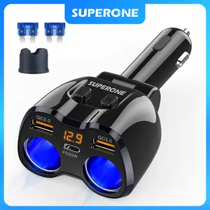 Cigarette Lighter Splitter, SUPERONE 180W 2-Socket Cigarette Lighter Adapter with Dual QC3.0 and 20W PD USB C Car Charger Splitter for GPS/Dash Cam/Laptop/iPad/iPhone
