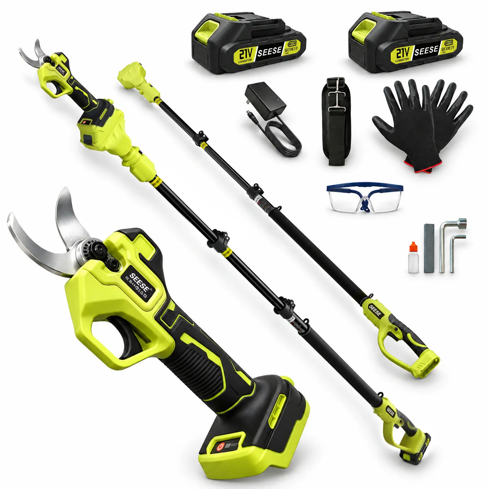 SEESE 2-in-1 Cordless Pruning Shears: Electric Power Pruner with Telescopic Pole, 1.26" Cutting Capacity, 180° Adjustable Head, Dual 21V Battery Tree Branch Cutter for Garden & Tree Trimming, Halloween gifts