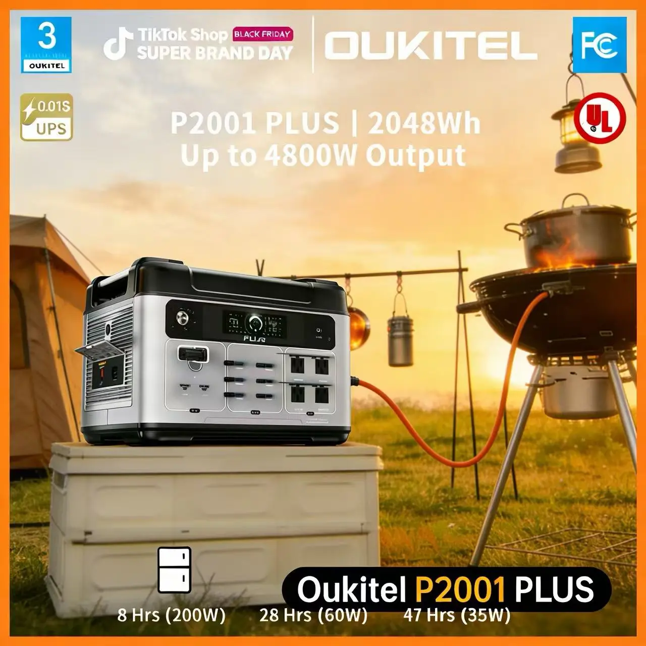 OUKITEL P2001 PLUS 2048Wh Solar Portable Generator 4800W Output with LiFePO4 Battery USB-C Folding Panel 1-Hour Fast Charge for Camping & Emergency Power deep cycle