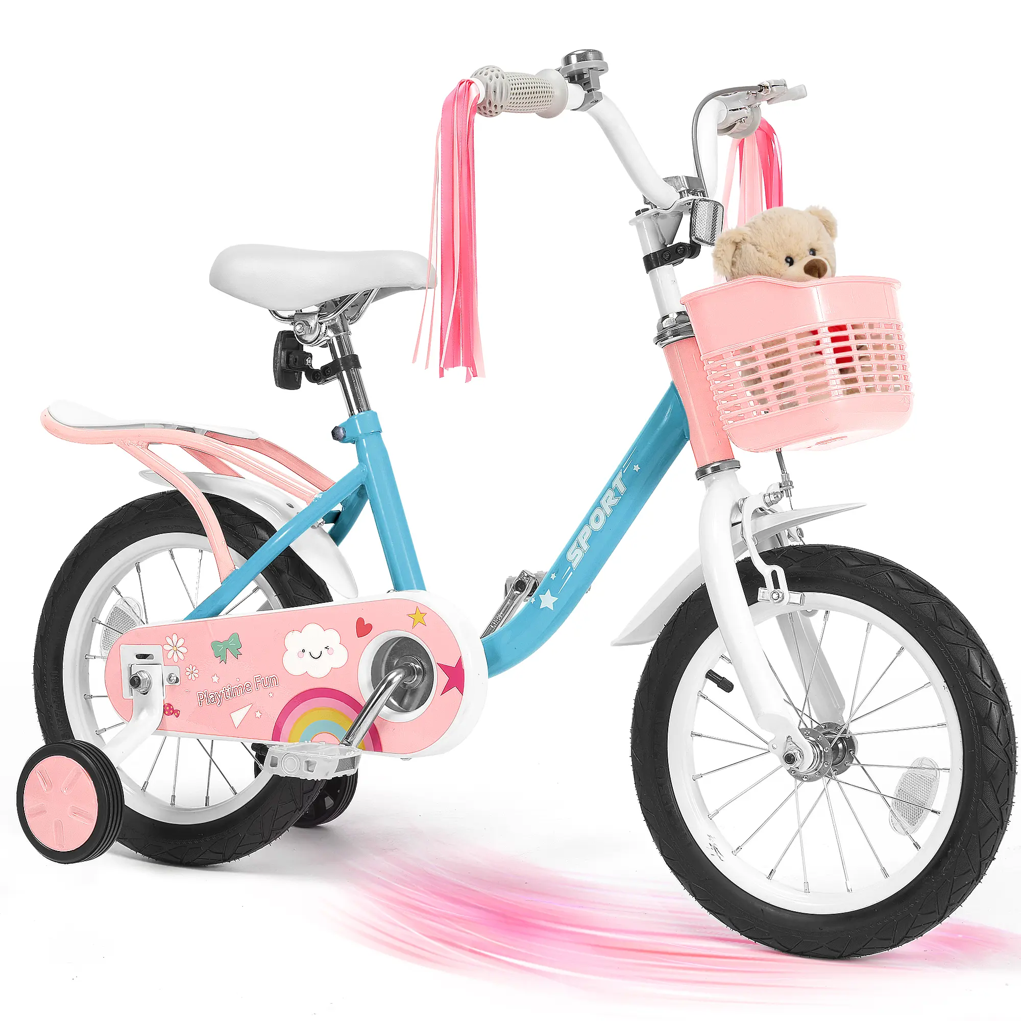 16inch Kids Bike for 3-6 Years Old Kids with Training Wheels, Girls Bicycle with Streamers, Basket, Rear Seat, Dual Hand Brakes, Princess Bicycle Toddler Bike Height 27-42 Inches, Pink Blue