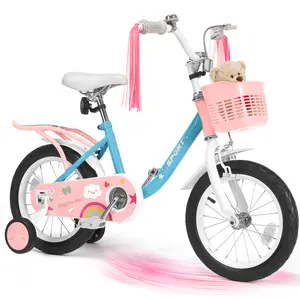 16inch Kids Bike for 3-6 Years Old Kids with Training Wheels, Girls Bicycle with Streamers, Basket, Rear Seat, Dual Hand Brakes, Princess Bicycle Toddler Bike Height 27-42 Inches, Pink Blue