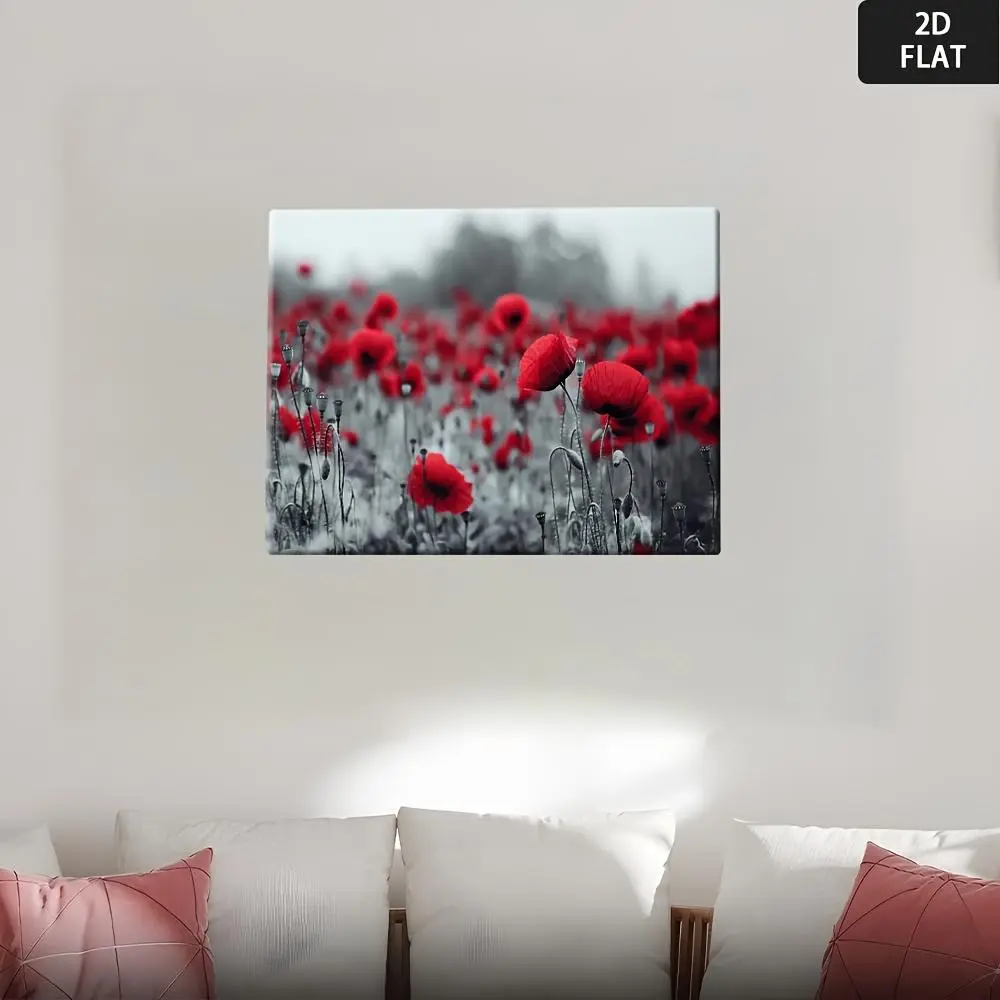 2D Flat, Vintage Red Poppies in Full Bloom Canvas Wall Art Print - Black & White Retro Poppy Field Painting with Red Poppies, Wrapped Framed Poster for Living Room, Bedroom, Kitchen Decor - Minimalist Modern Home Decoration, Vibrant Red & Black	