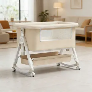 5-in-1 Convertible Baby Bassinet Bedside Sleeper with Rocking Mode Adjustable Height Foldable Mesh Mattress & Storage Basket Removable Mosquito Net for Newborns