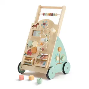 Wooden Baby Walker, Adjustable Speed Montessori Learning Toy with Activity Center, Silent Rubber Wheels for Babies 12 Months