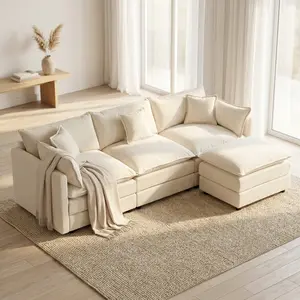 HIPIHOM Modular Sectional Sofa, Cream Chenille Cloud Couch with Deep Seat & No-Sagging Sponge, 112.2 Inch Large Sofa with Ottoman for Living Room, Cozy Home Furniture for Family Comfort chair