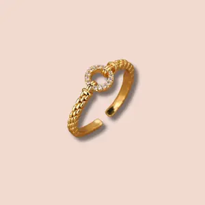 Halo Shine Delicate Gold Ring with Sparkling Zirconia Circle Adjustable Stainless Steel Water Resistant Tarnish Free