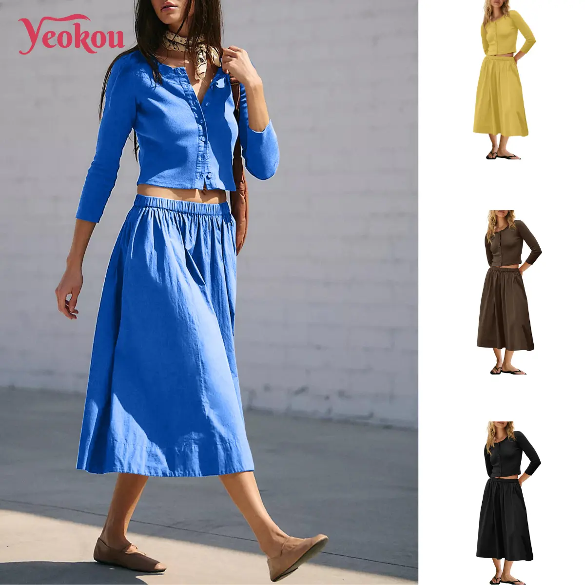 Yeokou Women's 2-Piece Lounge Matching Set - Ribbed Button-Down Cardigan, Elastic Waist Skirt, Modest Casual Vacation Outfits for Women's Matching Sets, Skirts For Women