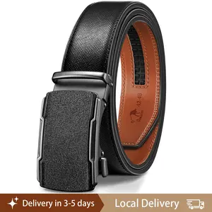 RYNEOCES Modern Mens Ratchet Belt Genuine Cowhide Leather Easy Release Ratchet System Elegant Design with Automatic Adjustable Matte Finish Buckle for Dress & Casual Wear Gift Box Included
