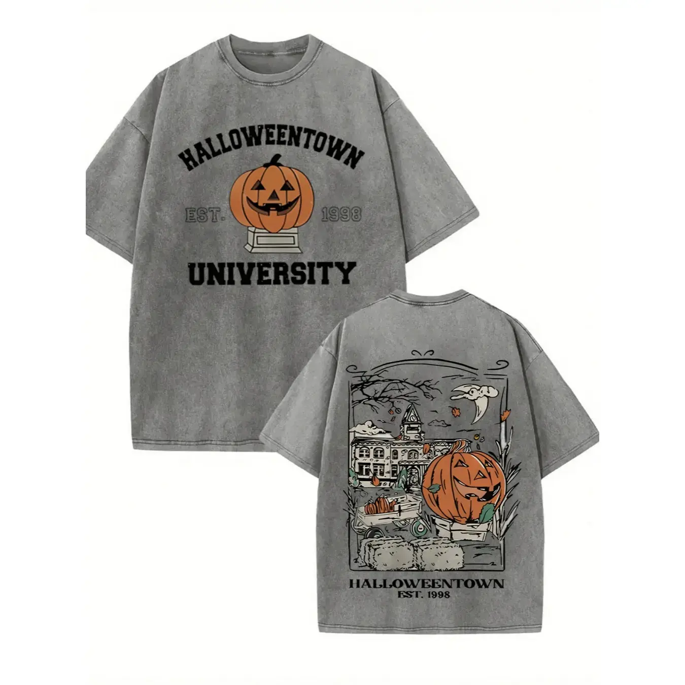 Vintage Halloweentown University Est 1998 T‑Shirt, Pumpkin Spooky Town Washed Black Cotton Oversized Short Sleeve Tee, Retro Halloween Movie Casual Crewneck Shirt with Front & Back Print