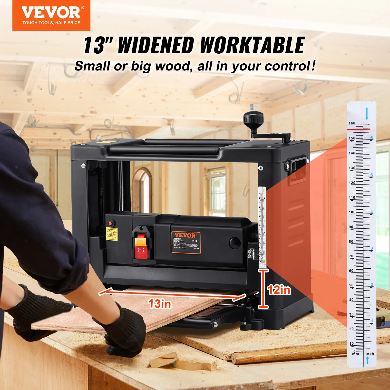 【summerfinds】VEVOR Thickness Planer, Single Speed, 13" Width Worktable Benchtop Planer, Two-Blade, 15-Amp 1800W Powerful Motor, 12" Extended Infeeding Table, Low Noise for both hard & soft wood material removal