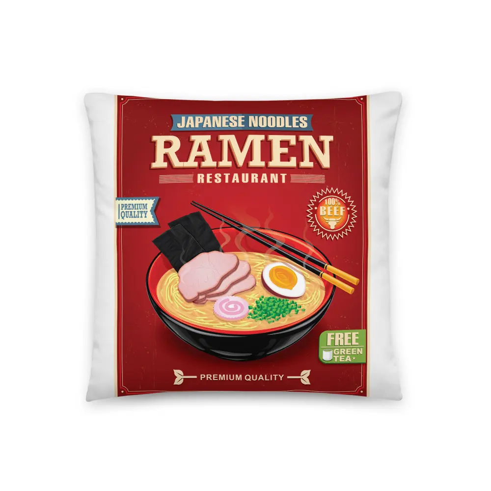 Ramen Print Food Motif Pillow - 100% Polyester Soft Bedding Linen, Playful Vibe Textile Soft Furnishing with Hidden Zipper for Home Use, Machine Wash