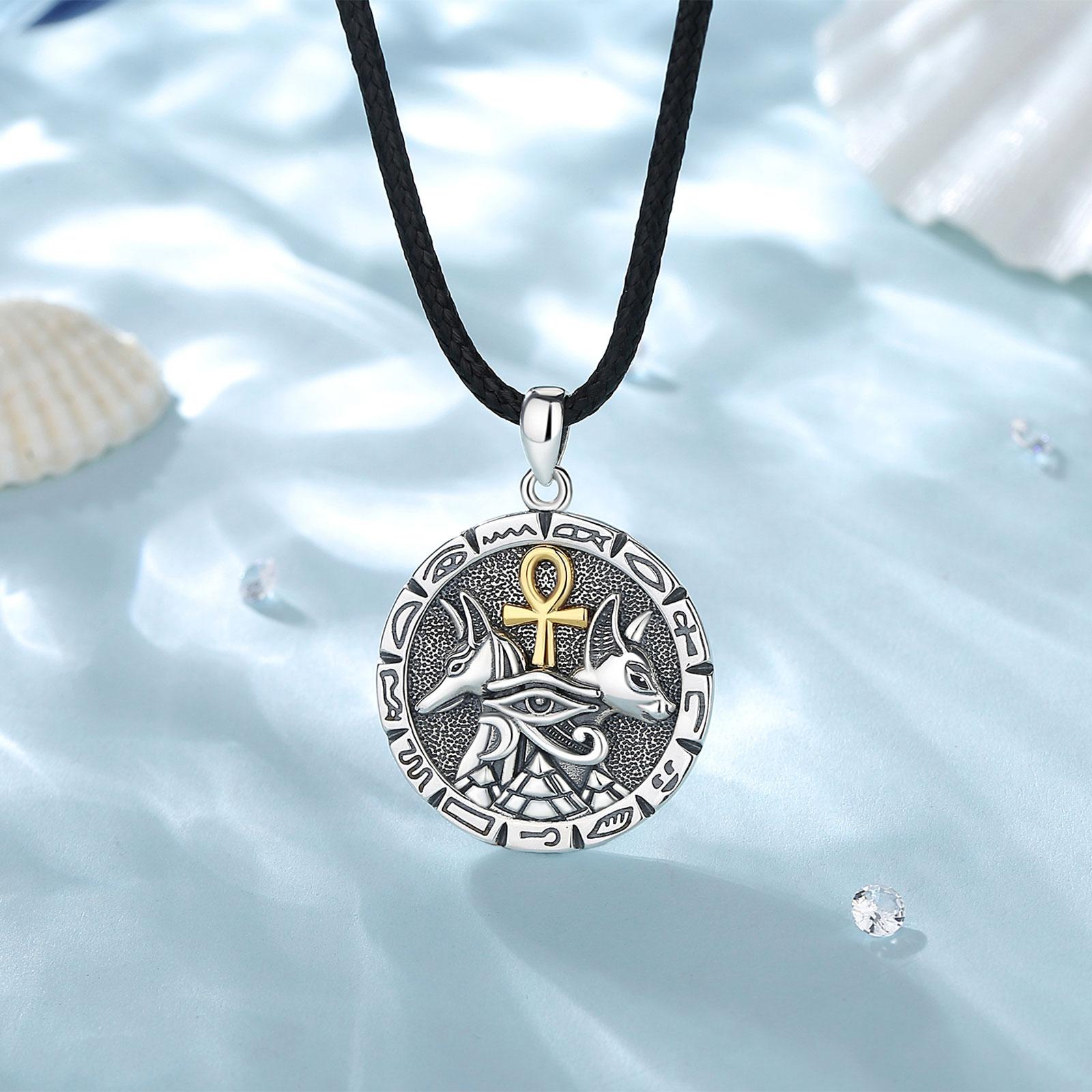 Eudora S925 Sliver Egyptian Necklace, Anubis & Horus God Pendants, Two-Tone Gold Eye of Horus Ankh Amulet,  Mythology Jewelry, Guardian  Hieroglyphics   Gift
