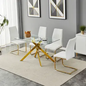 51" Rectangular Clear Tempered Glass Dining Table for Modern Kitchen, Dining Room, Gold Metal Legs with Adjustable Leveling Feet, Easy Clean, Contemporary Home Furniture