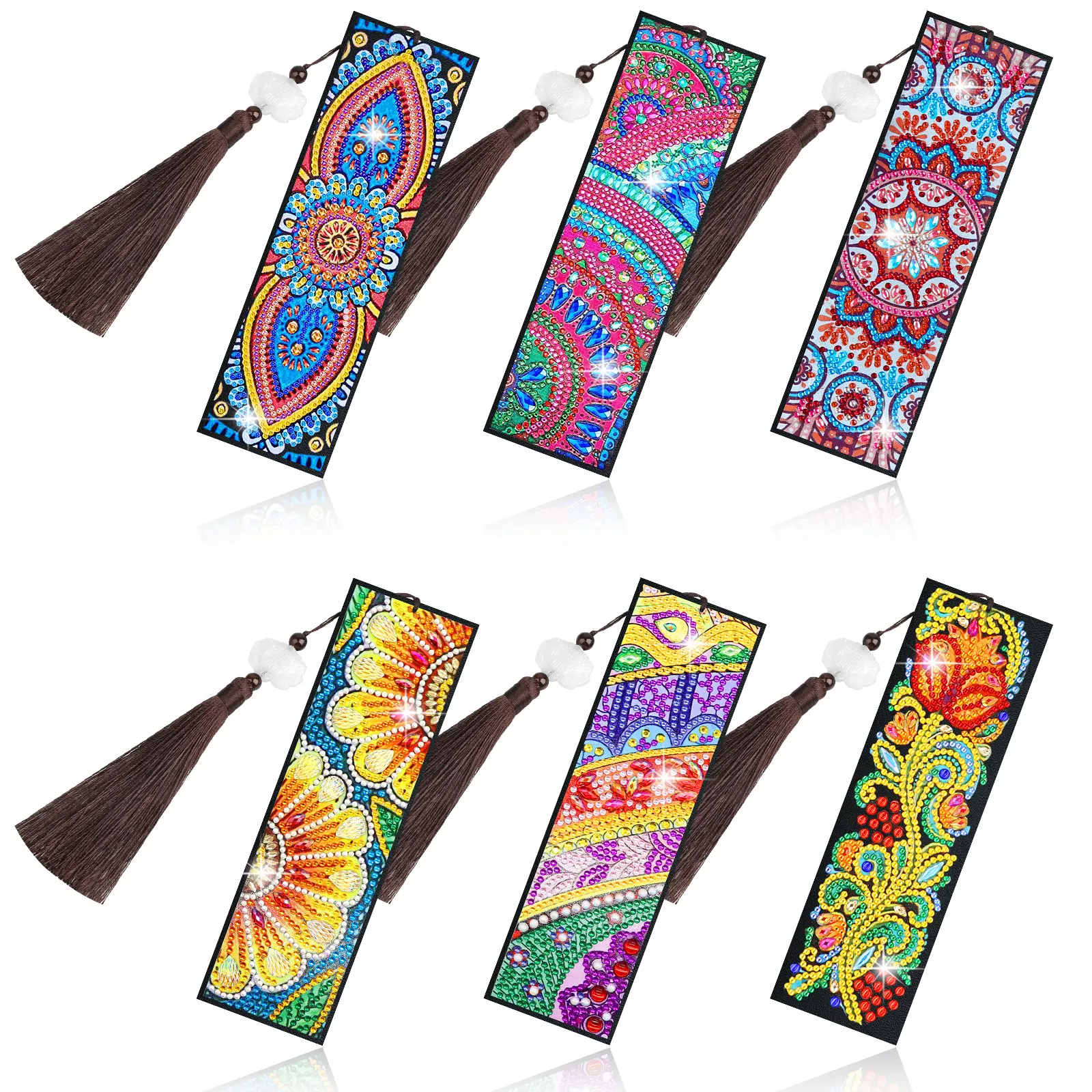 6Pcs Floral Pattern Mandala Diamond Painting Bookmarks Kit - DIY Art with Tassel, Nature-Inspired Design, Creative Touch Office Stationery for Reading Enthusiasts, Holiday Gift, Book Accessories