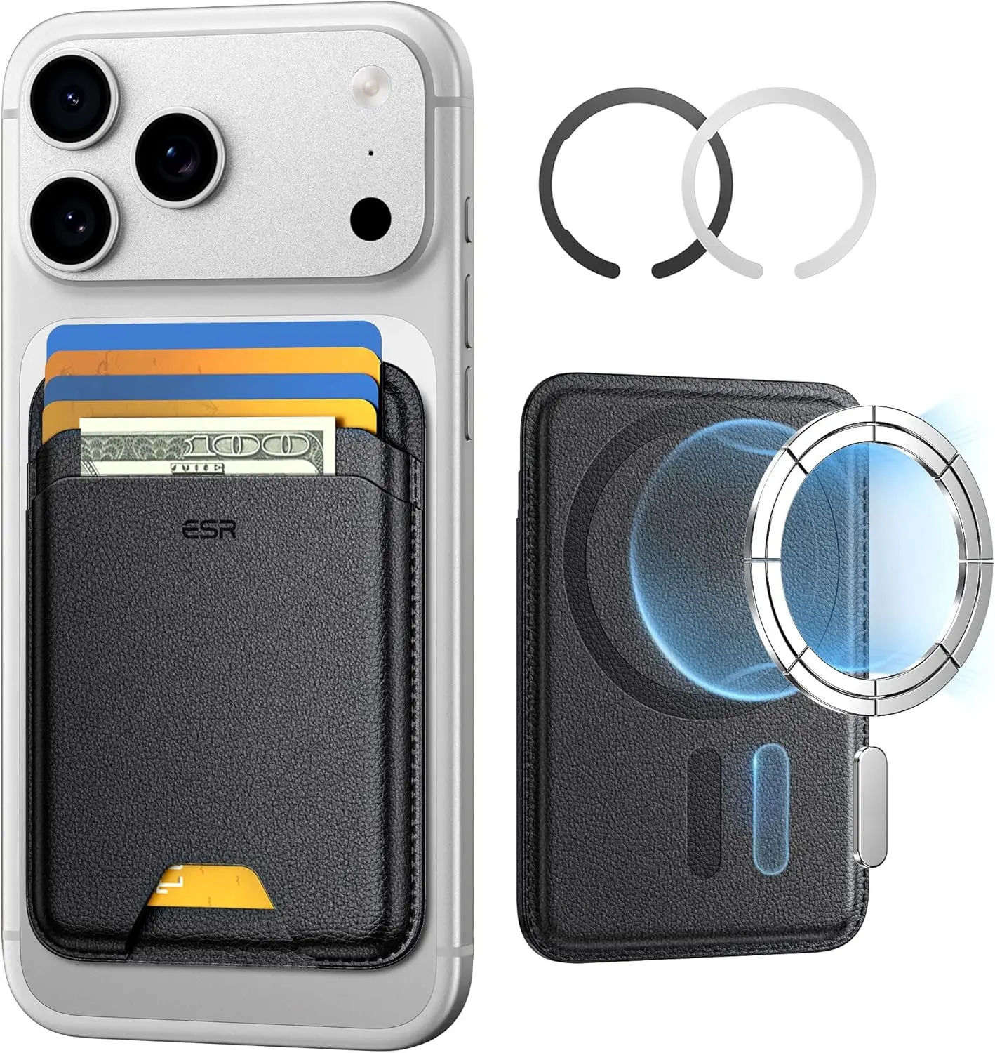 ESR Magnetic MagSafe Wallet - 5-Card Holder (5 cards-black), Vegan Leather Black, Carbon Fibre Accent, 3200g Magnetic Strength, Slim, for iPhone 17/16/15/14/13/12 Series (Not for 13/12 Mini), with Customer Support, Smartphone, Protection