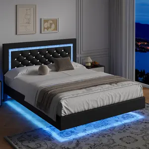 [Memorialday] [Live Only] HOMBCK Floating Bed Frame with LED Lights, Upholstered Morden Platform Bed with Diamond Tufted Headboard, No Box Spring Needed, Noise Free, Easy Assembly