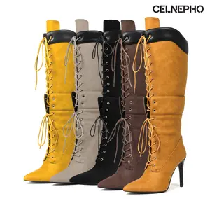 CELNEPHO Knee High Boots for Women Pointed Toe Stiletto High Heels Lace up Design Easy Pull on Cosplay Gift Party Wear Outdoor Event Dress Shoes
