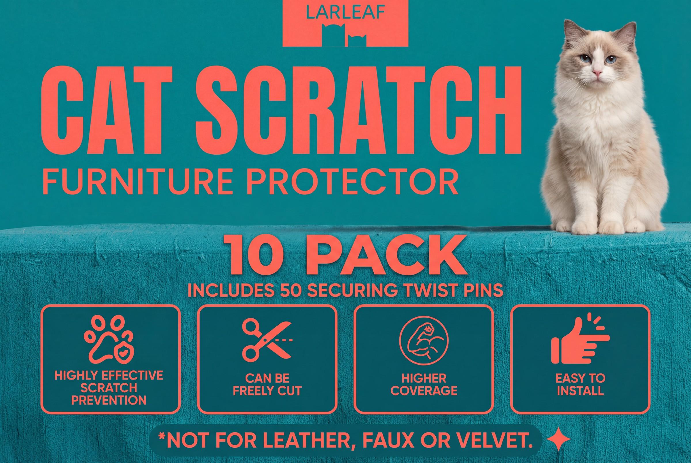 10-Pack Anti Cat Scratch Furniture Protector, Larleaf Couch Protector from Cat Claws Easy-to-Apply Scratching Deterrent and Shield for Sofa Corners Couch, Walls, Doors- with 50 Twist Pins, Cat Deterrent, Cat Accessories, Door Scratch Protector