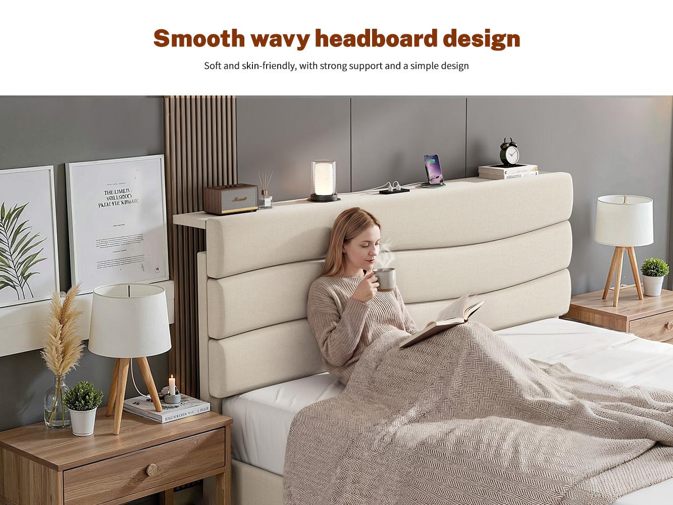 【The First Best Bed For Teens】Raybee Bed Frame Upholstered Headboard Height Adjustable Wavy Line Top Storage Shelf & USB Type-C Charging Noise-Free,Easy Assemble & Clean,Qeen Beige,Cream,Gray,King,Full 【The First Best Bed For Teens】Raybee Bed Frame Upholstered Headboard Height Adjustable Wavy Line Top Storage Shelf & USB Type-C Charging Noise-Free,Easy Assemble & Clean,Qeen Beige,Cream,Gray,King,Full