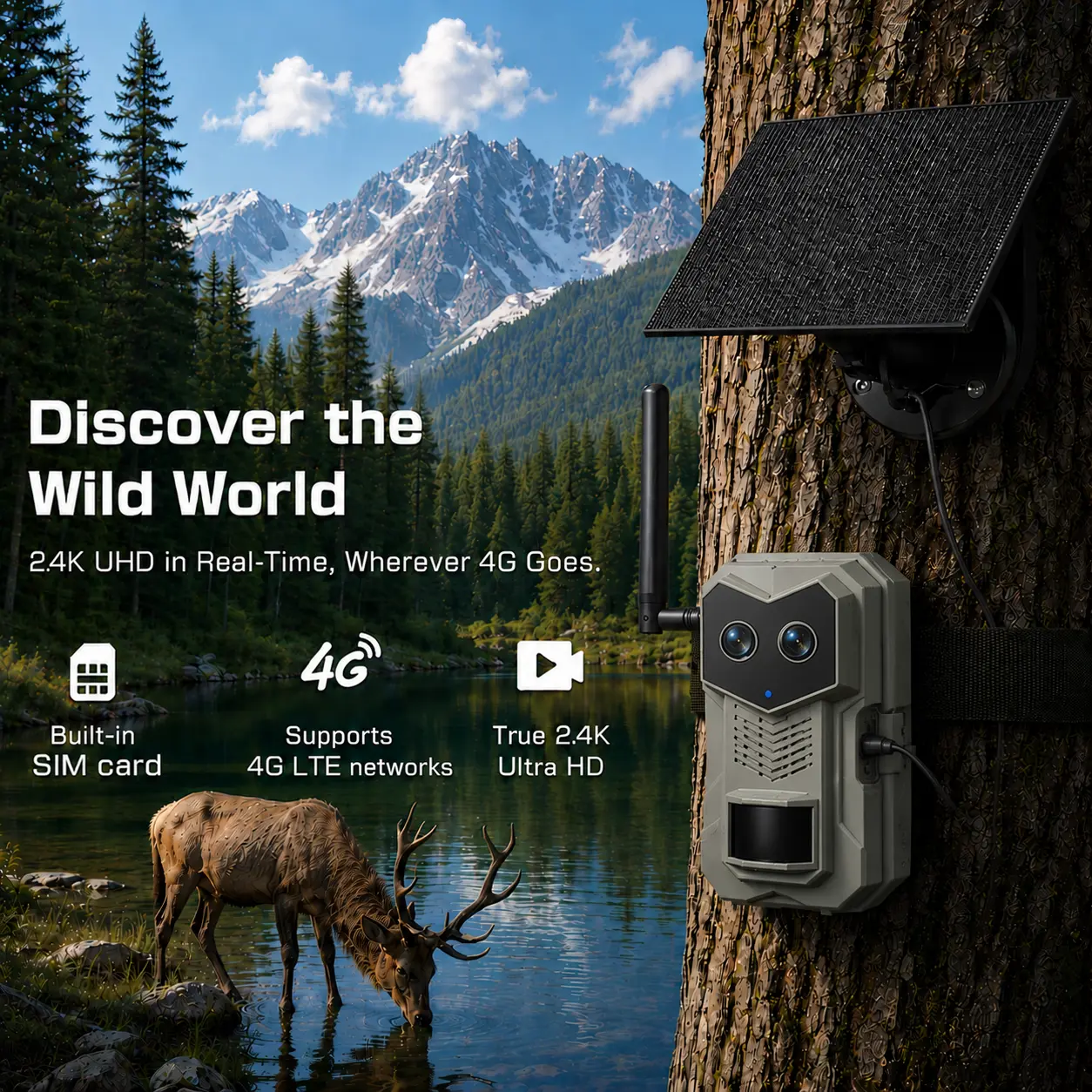 4G LTE Solar Powered Hunting Trail Camera for Hunters, Outdoor Wildlife Hunting App-Compatible Video Camera with Live Streaming, Built-in SIM Card, Motion Activation, Night Vision, Waterproof (Unlimited 4G Data Requires Data Refill; WiFi Not Supported), U