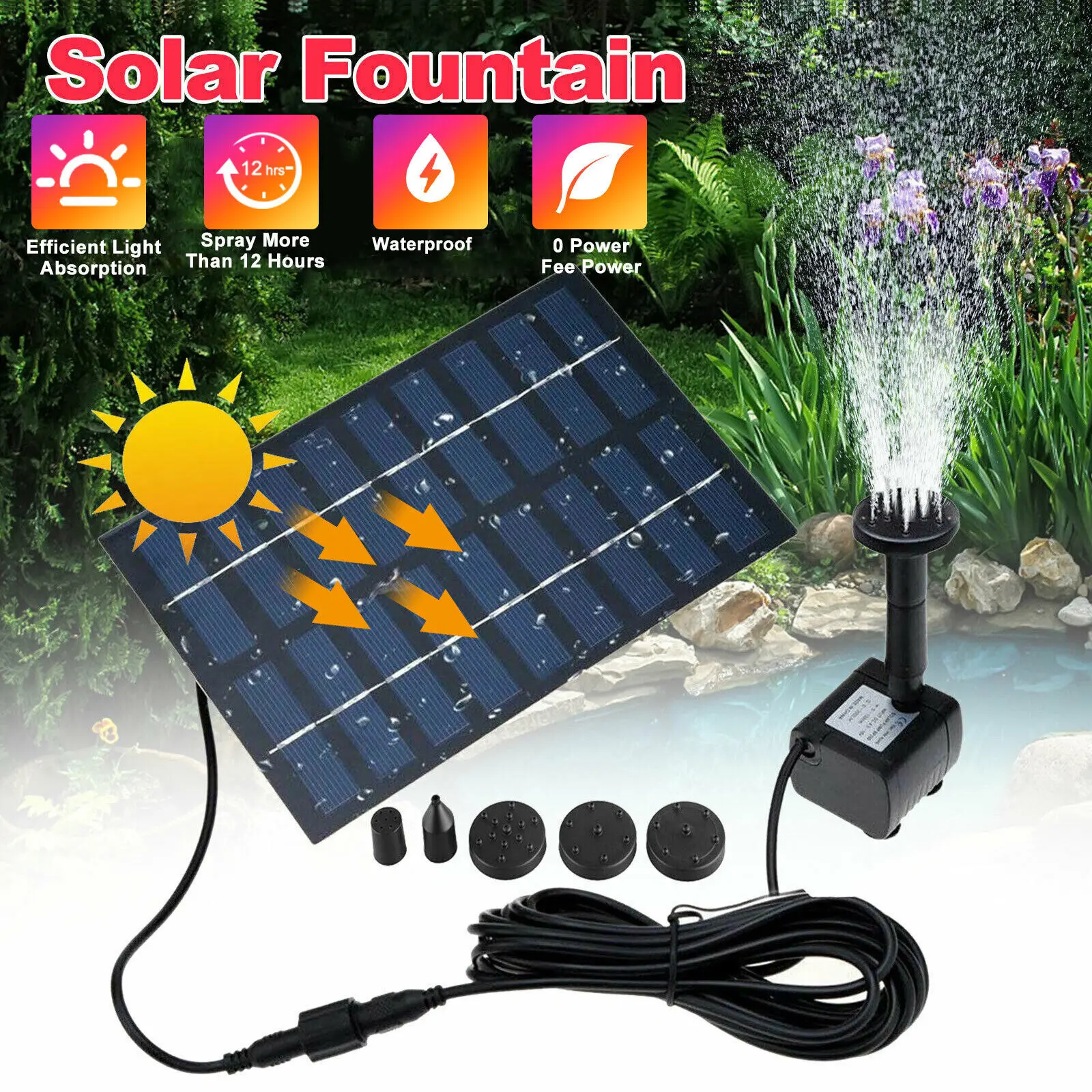 Solar Powered Bird Bath Fountains Pump Kit-Automatic Fountain Water Pump W/ 5 Nozzle,Outdoor Garden Pond Fish Tank Decoration,Drip Irrigation System