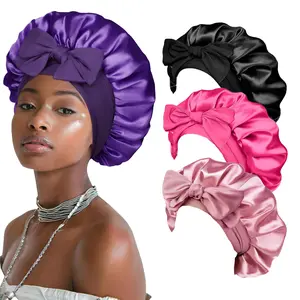 Double Layer Silk Satin Bonnet for Sleeping, Large Hair Bonnet with Adjustable Elastic Tie Band, Night Cap Hair Wrap for Women with Curly Black Hair