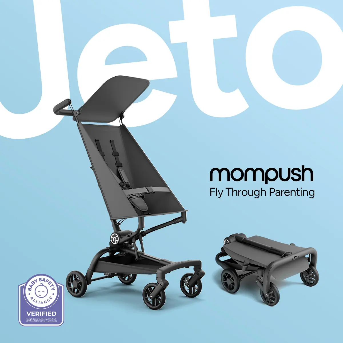 Mompush Jeto Lightweight Travel Stroller - 9.8 lbs Ultra-Compact One-Hand Fold Airplane Cabin Approved All-Terrain Wheels Smooth Ride for Toddlers Perfect for Travel & Daily Use