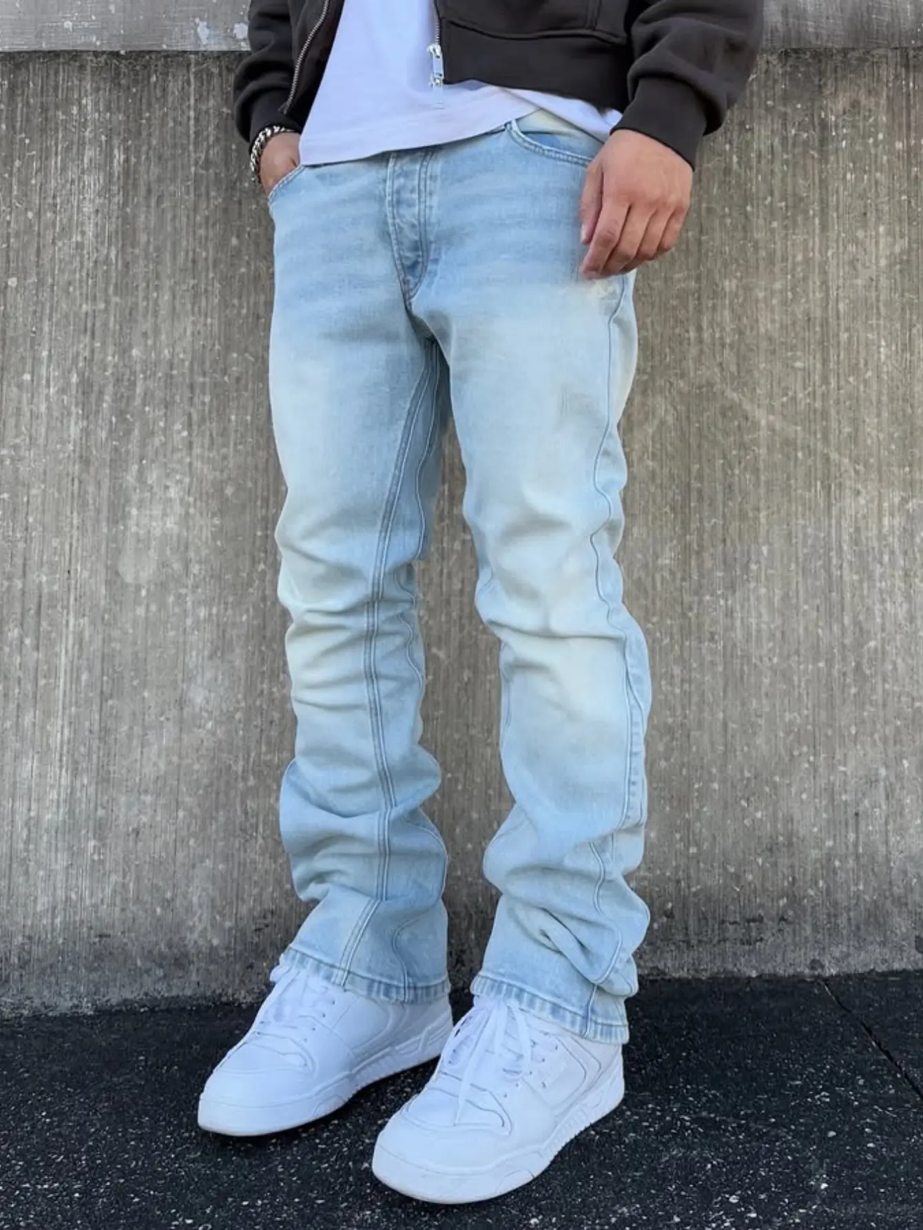 SRETOUU Men's Light Blue Loose Straight-Leg Jeans Classic 5-Pocket Design Minimalist Solid Color Street Style Casual Long Pants Streetwear
