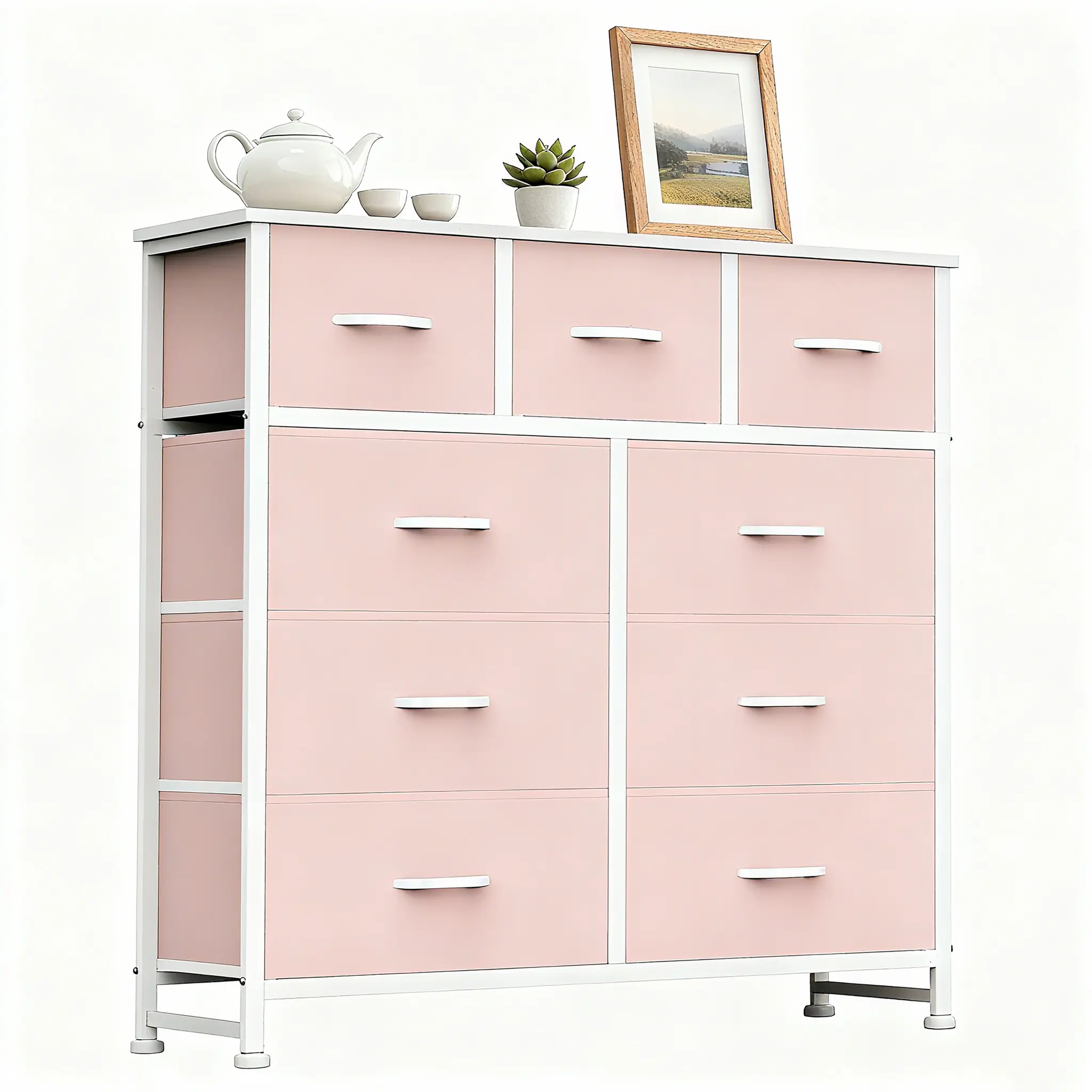 9-Drawer Sturdy Fabric Steel Frame Dresser with Wooden Top, Anti-Tip Safe Bedroom Dresser, Compact Quick-Setup Storage Chest for Closet, Entryway