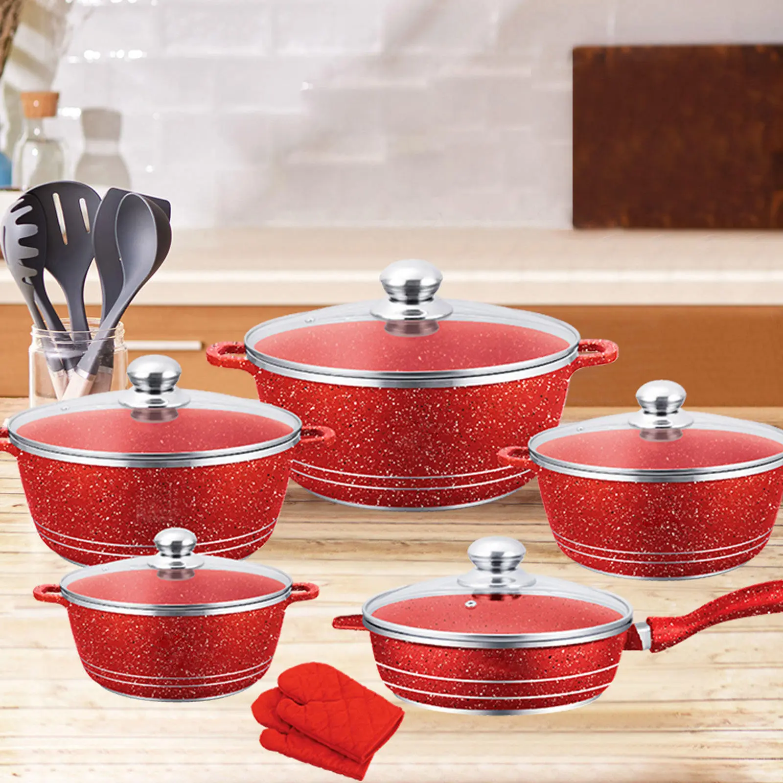 Titanium Granite Nonstick Cookware Set - 4 Pots (20cm Incl.) with Lids, 1 Stylish Frying Pan with Glass Lid, 20-32cm Sizes, Thermal Handles, Stainless Steel Construction, Durability, Less Oil & Smoke for Healthy Cooking, Cooking Pan Set