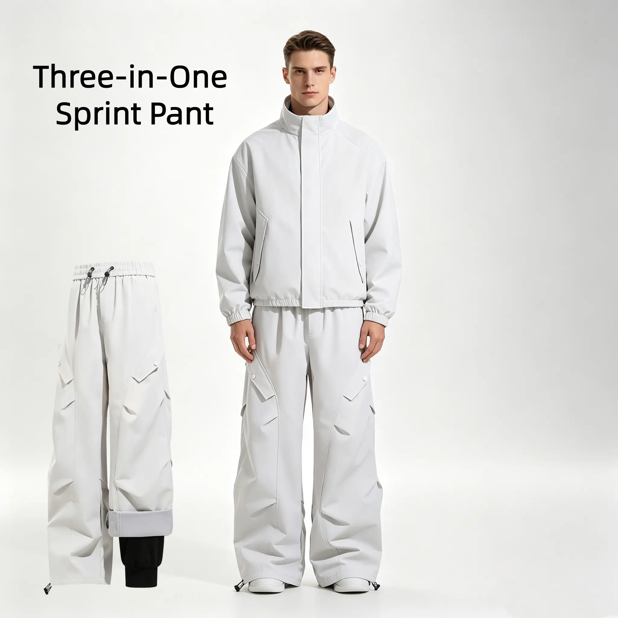 Menswear Men's 3-in-1 Detachable Liner Snow Pants, Waterproof, Windproof, Insulated Wide-Leg Cargo Trousers for Winter Outdoor Ski, Snowboard Sports