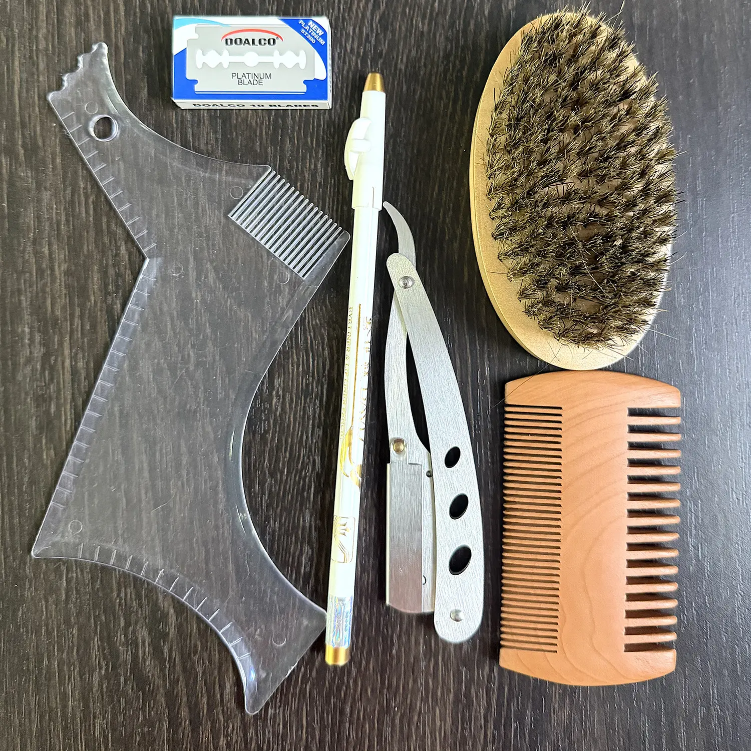 Men's Unscented 6-Piece Beard Care Kit - Straight Razor, Boar Bristle Brush, Dual-Sided Wooden Comb, Beard Shaping Tool, Precise Trim Scissors, Barber Cape