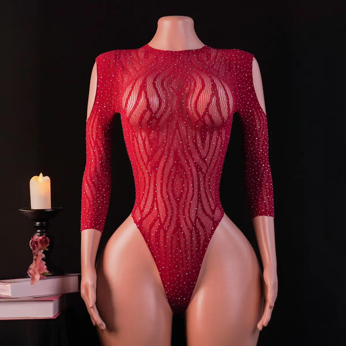 Women's Polyester Sequin Bodysuit - Chic Long-Sleeve Elegant Clubwear, Solid Red with Lace & Rhinestone Trim for Rave Party Costumes, Women's Clothes Outfits, Sequins, Romance, Crew Neck, Rhinestones, Night Wear, Full Body, Sequin Shine