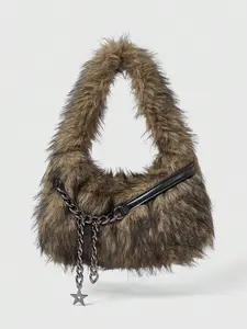 OFFGRID x Grunge Punk 2000s Style Women Shoulder Bags,Punk Rivet Biker Bags,Fur Purse ,Autumn & Winter Wallets, Hobo Handbag(Random Pattern) , Goth