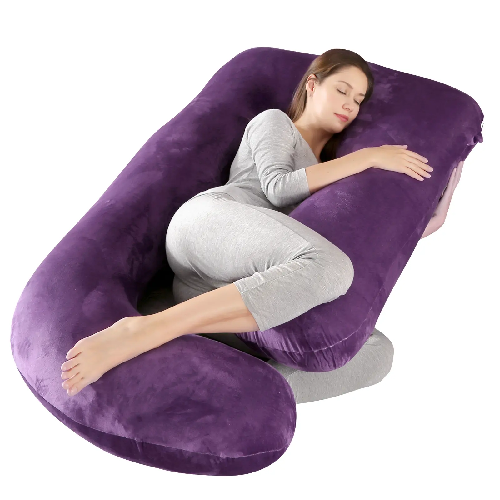 41/60-inch J-shaped pregnancy pillow that fully wraps around the body, providing all-around support for the back, abdomen, hips, and legs. It comes with a removable, washable pillowcase made of soft velour fabric that is comfortable and bre