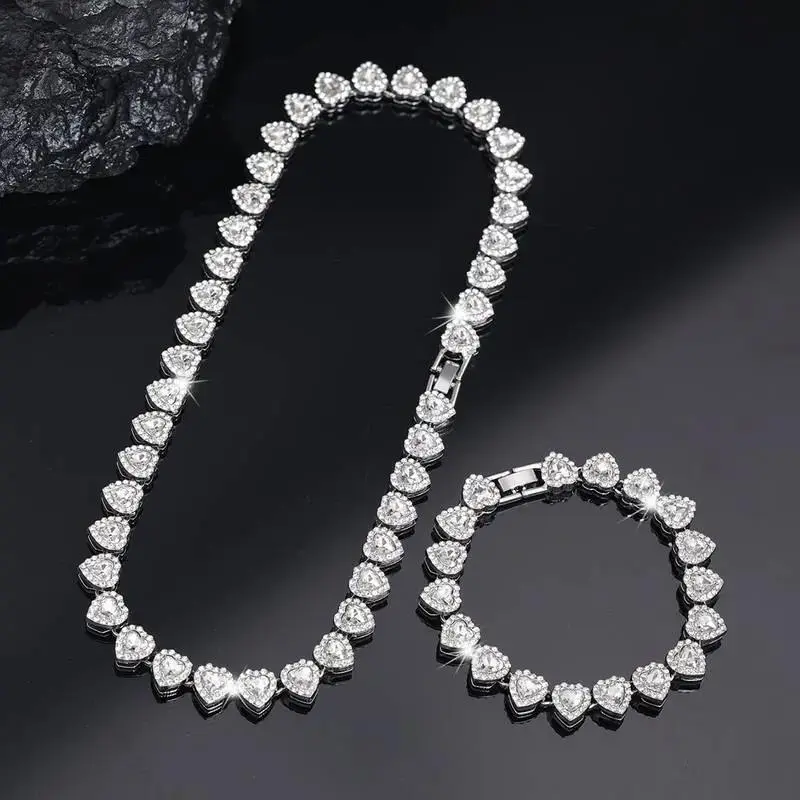 2pcs Heart Shaped Cuban Chain Necklace Set for &,Hip Hop Style Choker Set,Luxurious Jewelry Set for Valentine's Day Gifts, Birthday,Everyday & Party Wear, for Men Women Teenager#SummerWins#tiktokshopbacktoschool
