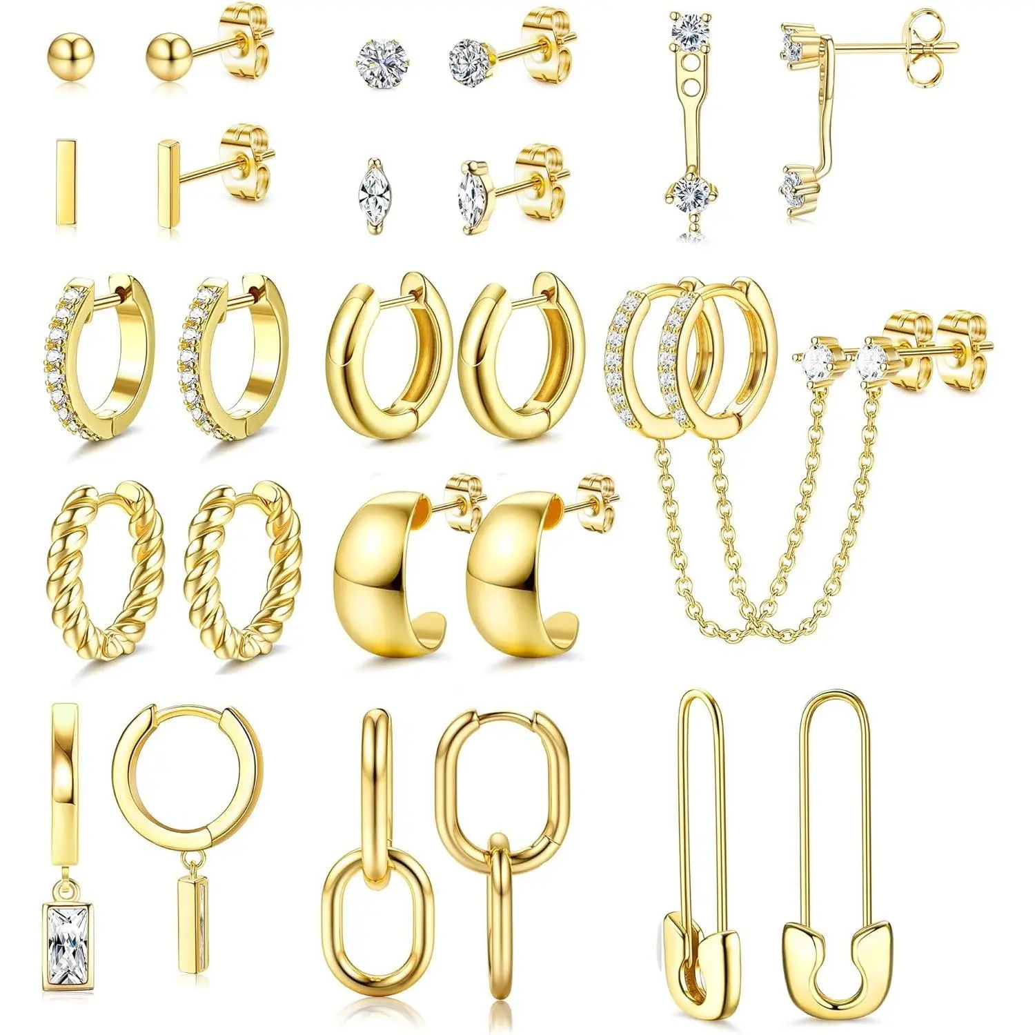 Jstyle 13 Pairs Small Gold Hoop Earrings Set for Women Dainty Gold Earrings 14K Gold Plated Lightweight Huggie Earrings Hypoallergenic Stud Hoop Earrings Pack for Jewelry Gift