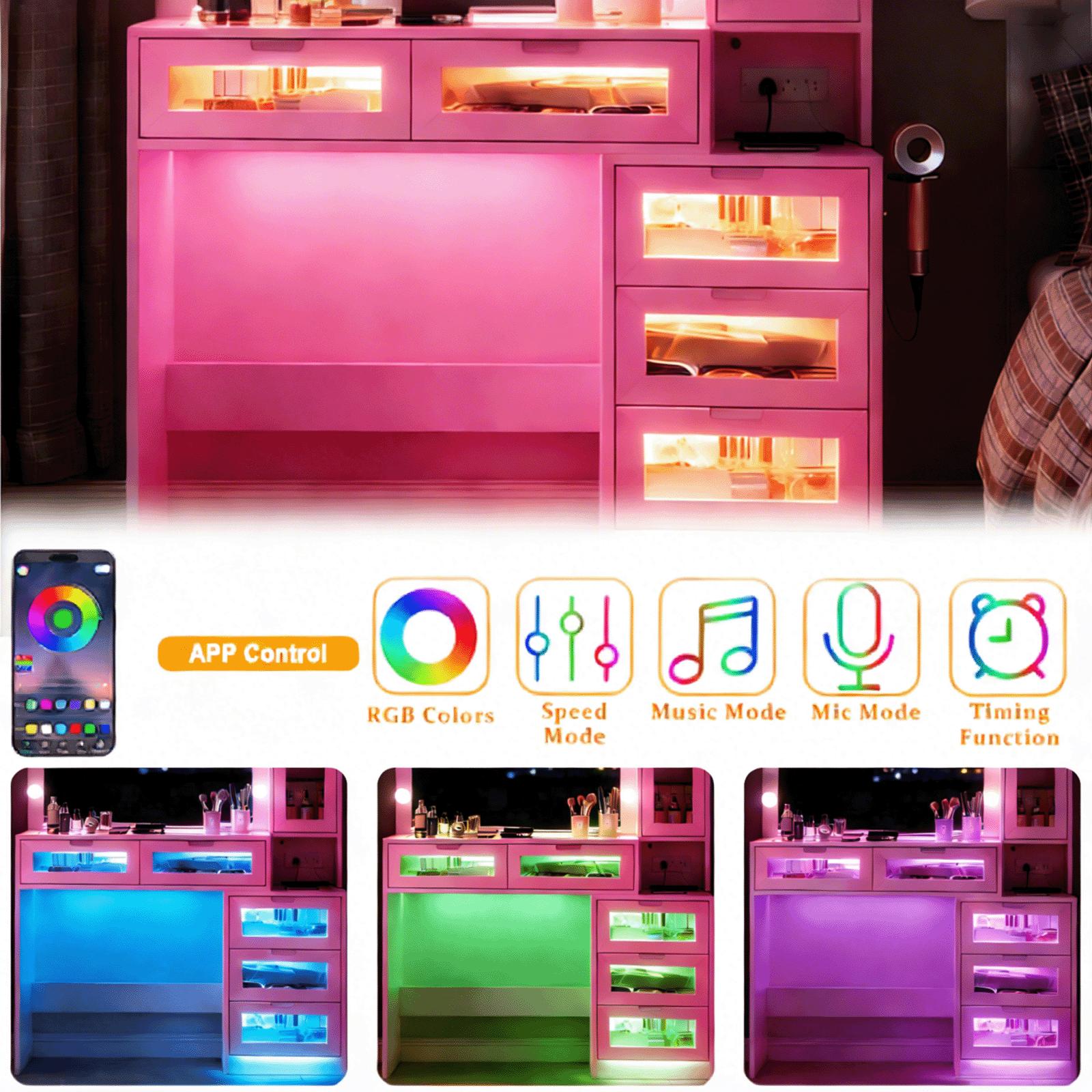 CollaredEagle Lighted Vanity Table - Modern LED Dresser, 11 LED Lights with 3 Adjustable Modes, 5 Transparent Glass Drawers, Glass Countertops, Power Outlets Equipped Makeup Vanity