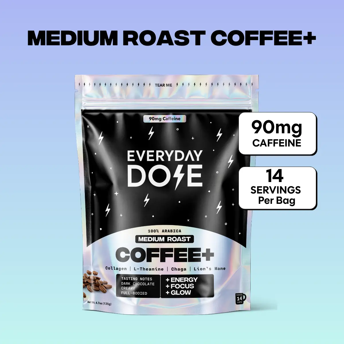 Everyday Dose Coffee+ Medium Roast Beverage 100% Arabica Blend with Lion's Mane Chaga L-Theanine & Collagen Protein 14 Servings Gut Friendly No Jitters