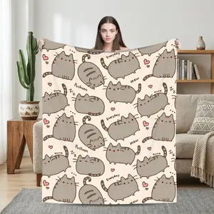 Cartoon Kitten Flannel Cover Blanket Living Room Bedroom Sofa Healthy Durable Home Decoration Kawaii Aesthetic Room Decor Cute Cat Pattern Cozy Soft Bedding Wrap Pet Lover Gift