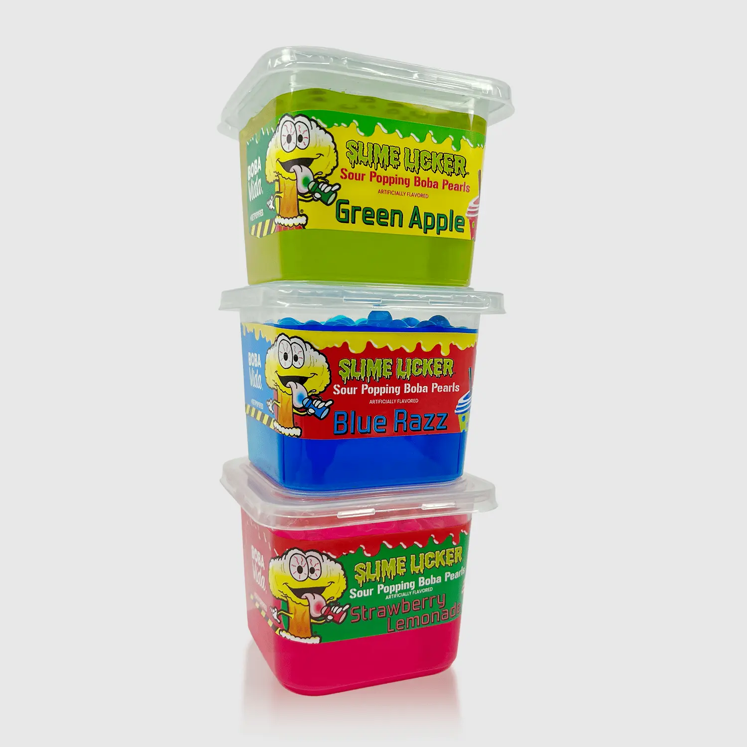 Sour Slime Licker Popping Boba – 3 Tubs Pack | Sweet Fruit Candy Popping Pearls with Tangy Flavor | Bursting Juice Balls Beverage Topping for Drinks & Desserts | Includes Straws