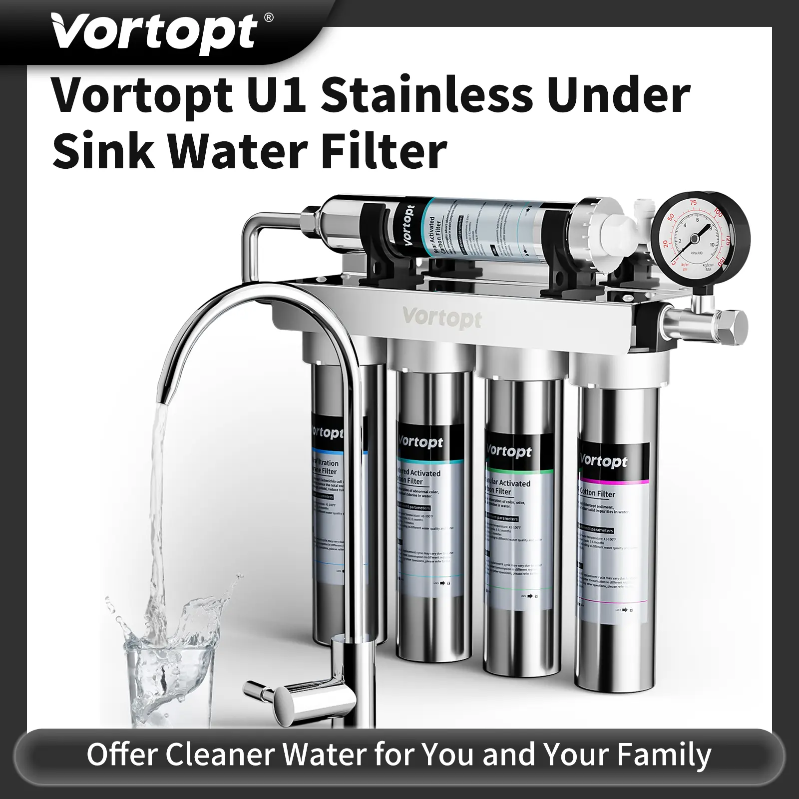Vortopt Model U1 Lead-Free 304 Steel Kitchen Water Purifier - 5-Stage Hollow-Fiber UF Traps Tiny Particles System, 3-Sec Cartridge, Heavy Metal Reduction, Bad Taste/Odor Reduction, Real-Time Monitor, Easy Installation, 5-Stage Filter